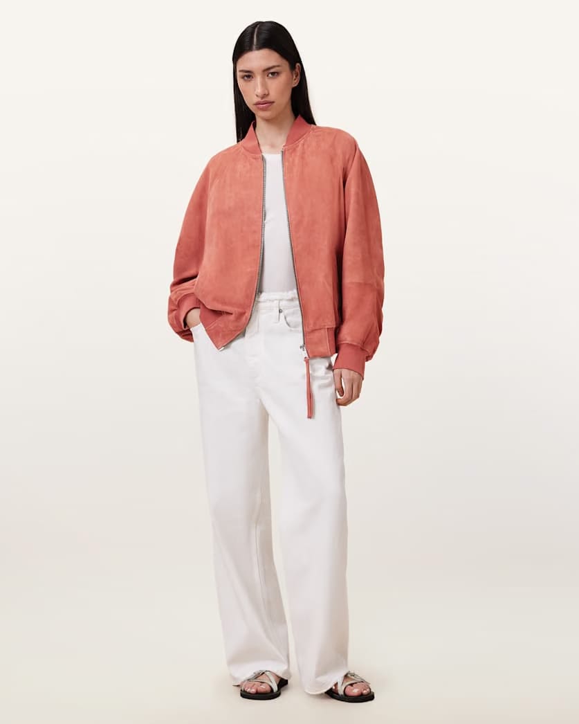 AllSaints Dana Relaxed Fit Suede Bomber Jacket Women's Burnt Brick Red Women's
