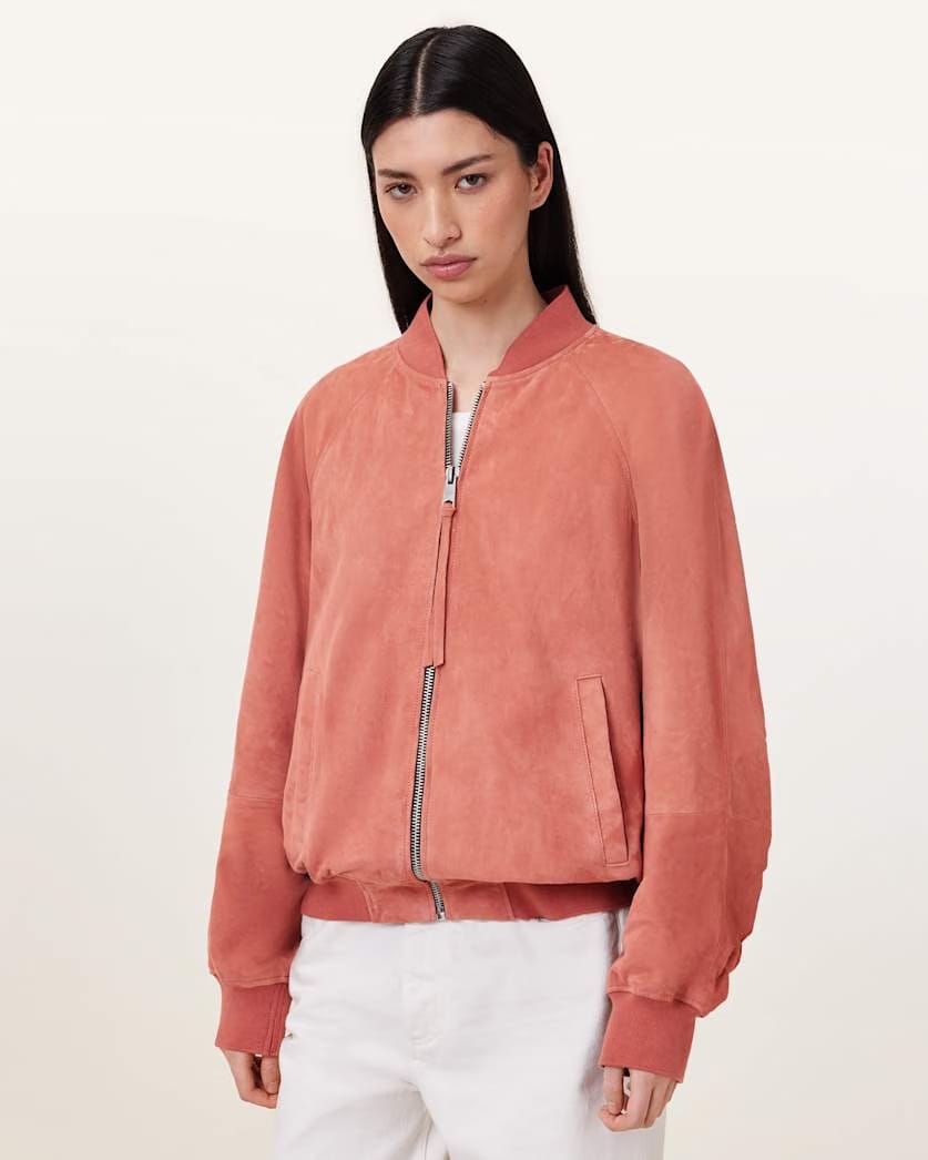 AllSaints Dana Relaxed Fit Suede Bomber Jacket Women's Burnt Brick Red Women's