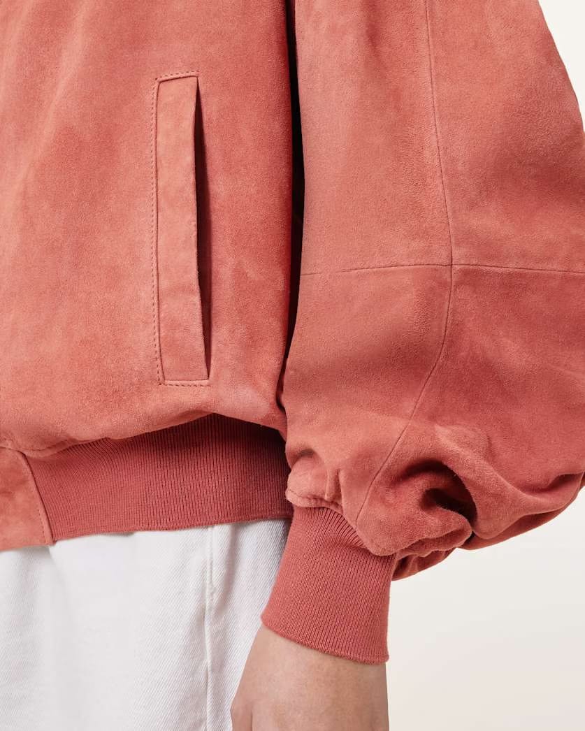 AllSaints Dana Relaxed Fit Suede Bomber Jacket Women's Burnt Brick Red Women's