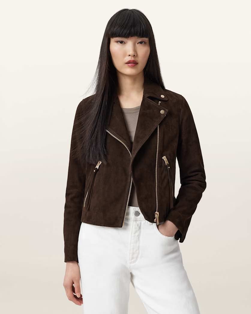 AllSaints Dalby Suede Biker Jacket Women's Fango Brown Women's