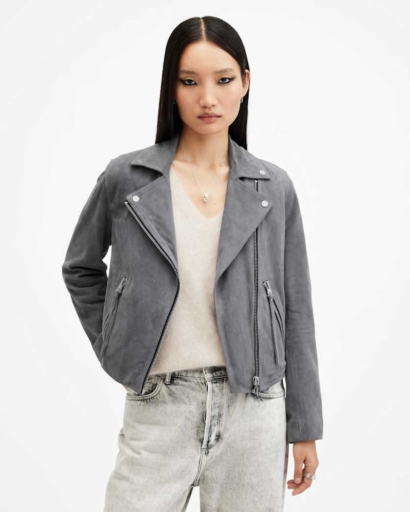 AllSaints Dalby Slim Fit Suede Biker Jacket Women's Ghost Grey Women's