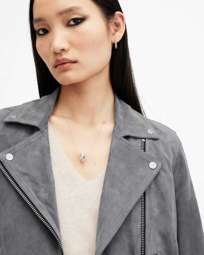 AllSaints Dalby Slim Fit Suede Biker Jacket Women's Ghost Grey Women's