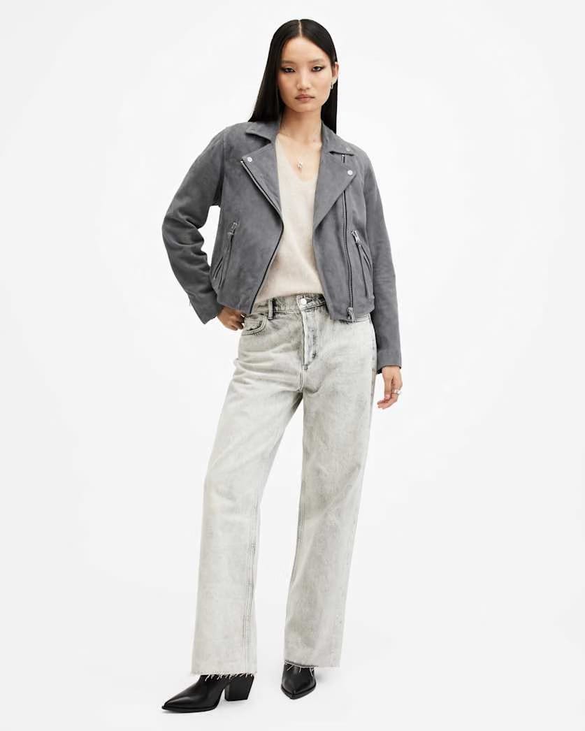 AllSaints Dalby Slim Fit Suede Biker Jacket Women's Ghost Grey Women's