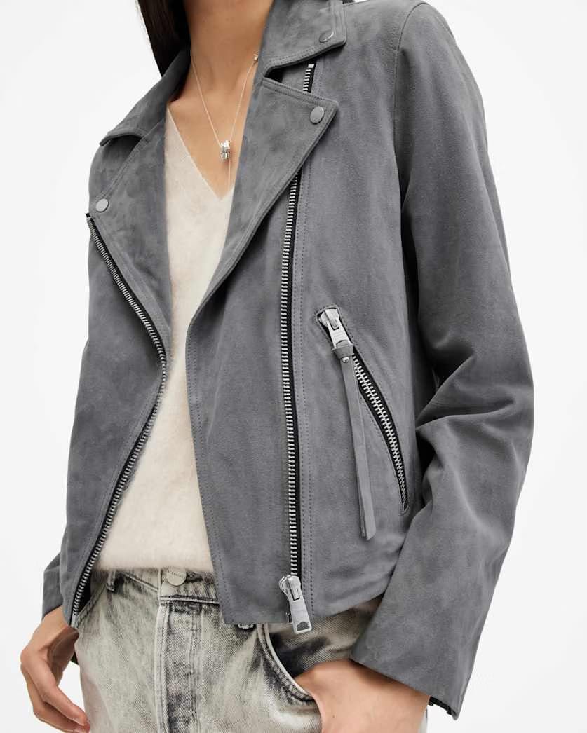 AllSaints Dalby Slim Fit Suede Biker Jacket Women's Ghost Grey Women's