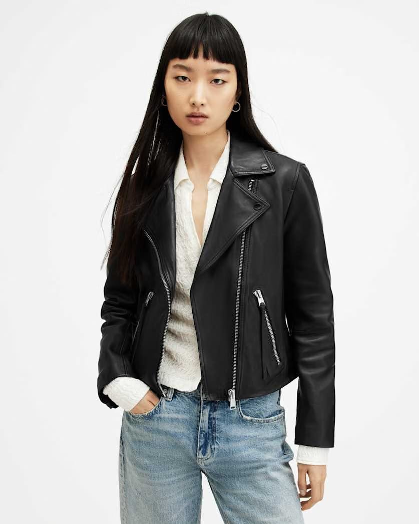 AllSaints Dalby Slim Fit Leather Biker Jacket Women's Black Women's