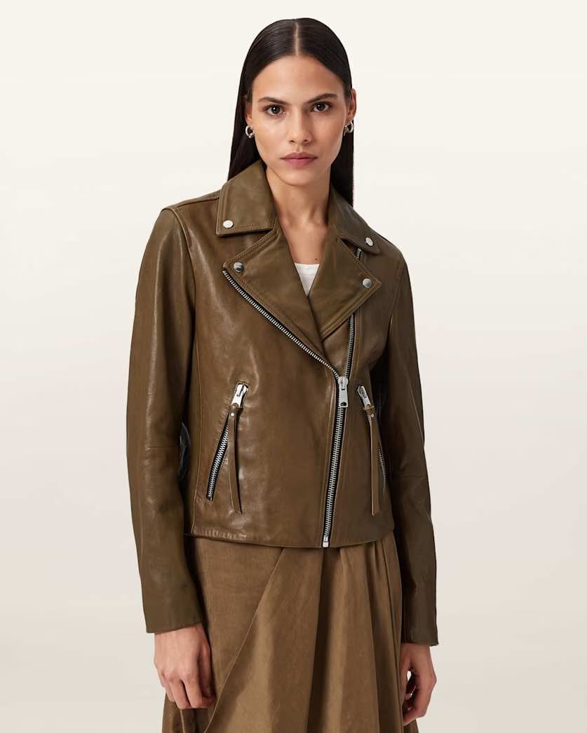 AllSaints Dalby Slim Fit Leather Biker Jacket Women's Fango Green Women's