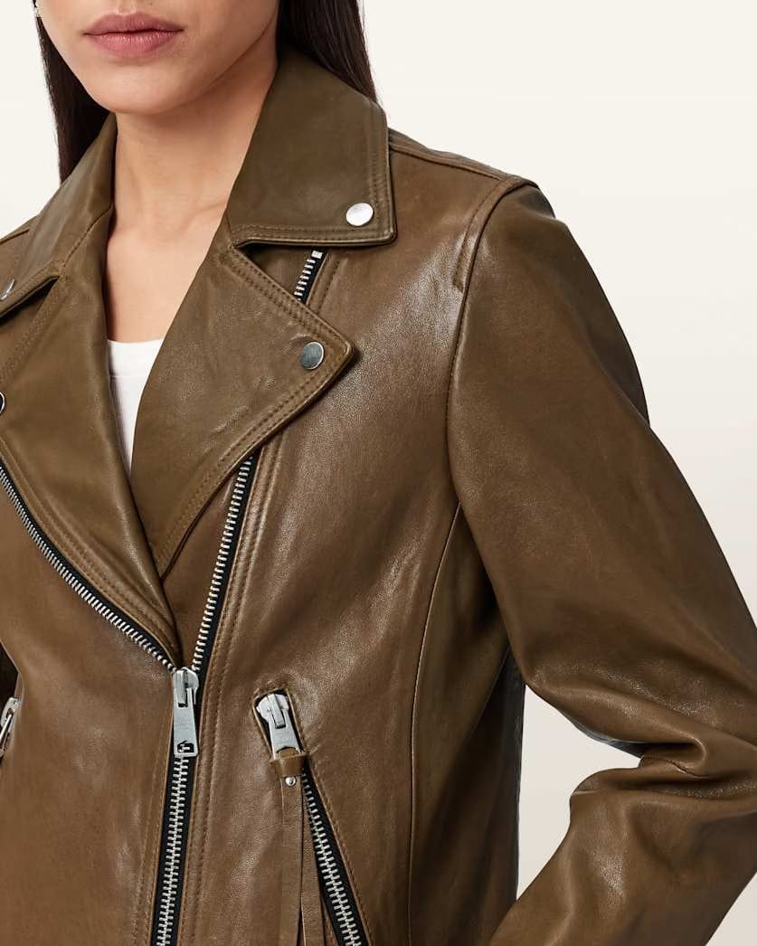 AllSaints Dalby Slim Fit Leather Biker Jacket Women's Fango Green Women's