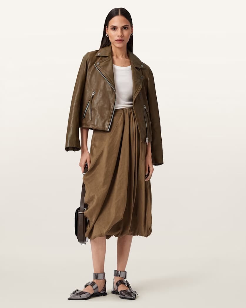 AllSaints Dalby Slim Fit Leather Biker Jacket Women's Fango Green Women's