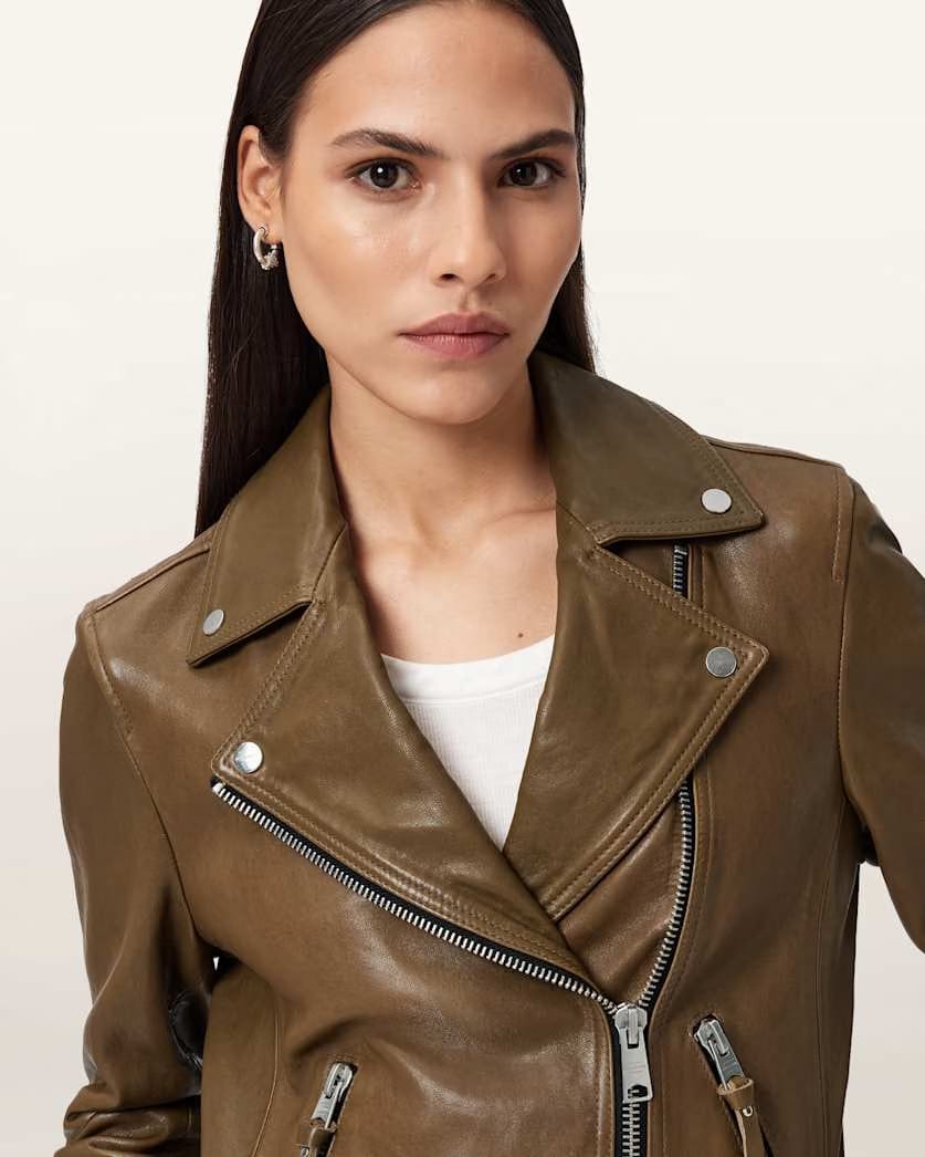 AllSaints Dalby Slim Fit Leather Biker Jacket Women's Fango Green Women's