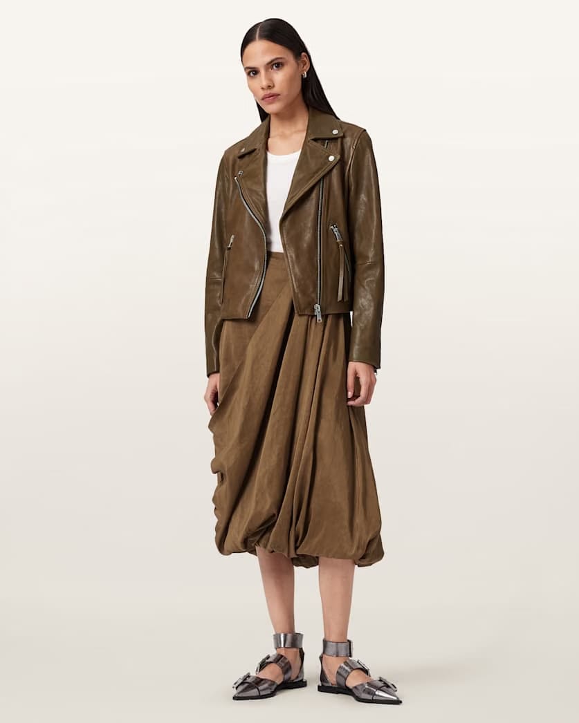 AllSaints Dalby Slim Fit Leather Biker Jacket Women's Fango Green Women's
