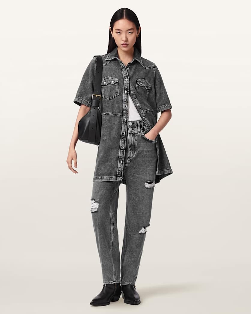 AllSaints Daisy Tapered Leg Distressed Denim Jeans Women's Washed Grey Women's