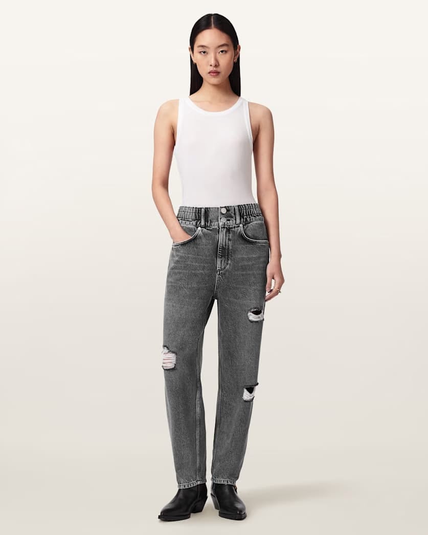 AllSaints Daisy Tapered Leg Distressed Denim Jeans Women's Washed Grey Women's