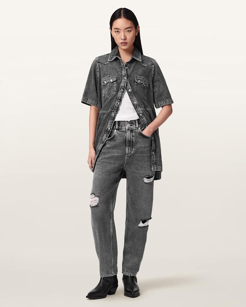 AllSaints Daisy Tapered Leg Distressed Denim Jeans Women's Washed Grey Women's