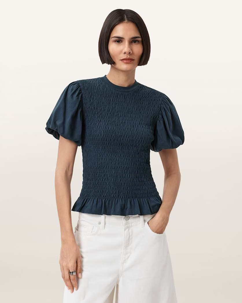 AllSaints Dael Smocked Slim Top Women's Midnight Blue Women's