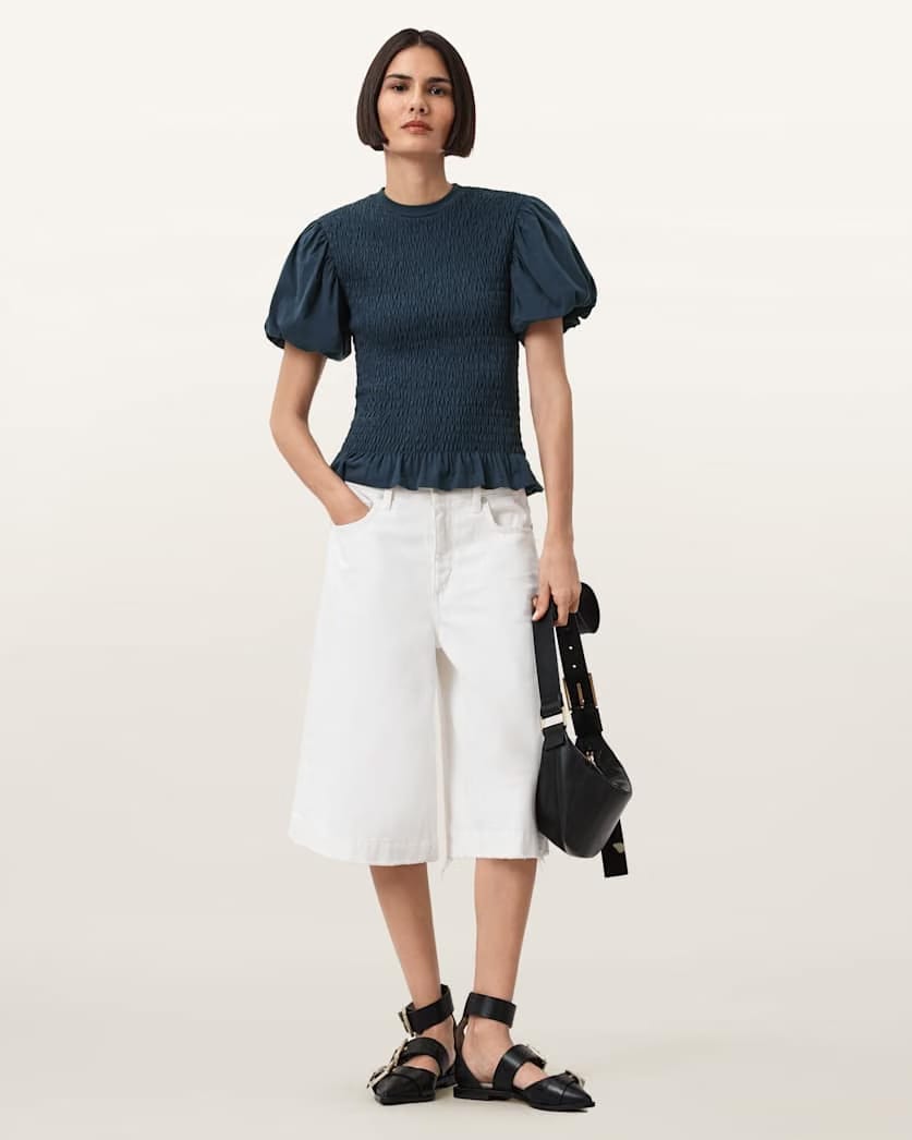 AllSaints Dael Smocked Slim Top Women's Midnight Blue Women's
