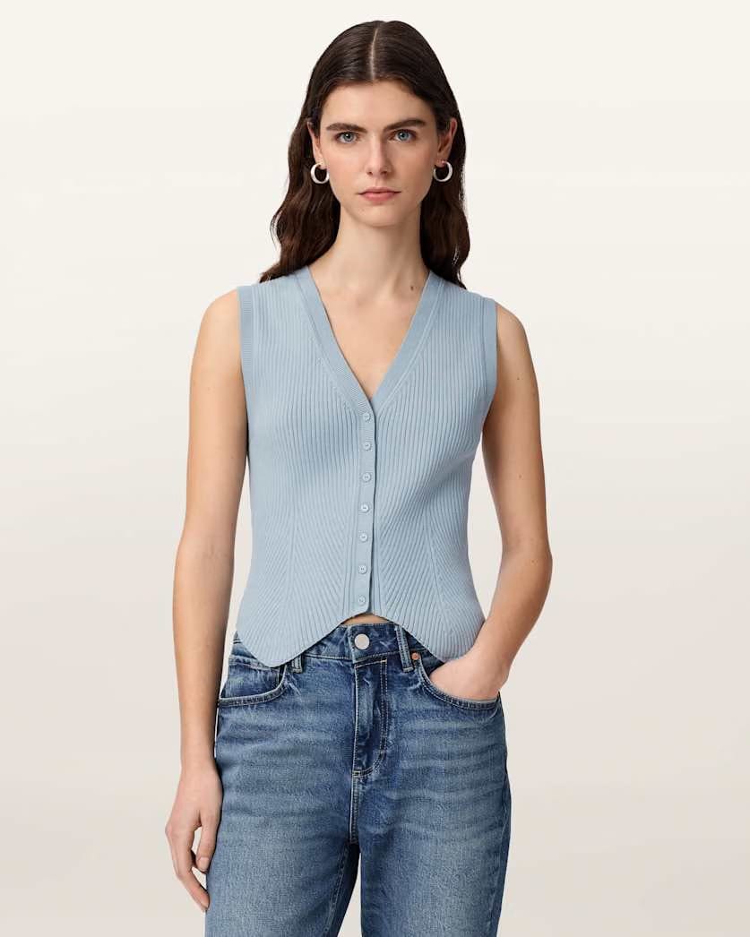 AllSaints Cruz Ribbed Knitted Waistcoat Women's Quarry Blue Women's