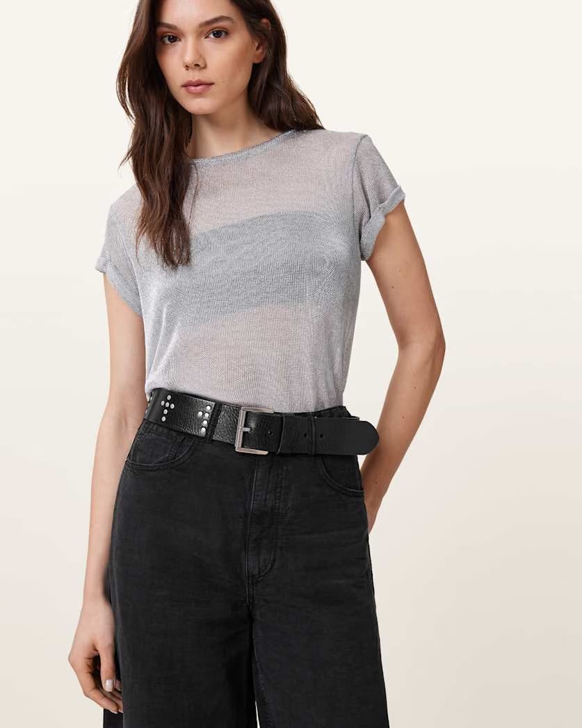 AllSaints Cross Maxx Leather Belt Women's Black/Antq Nickel Women's