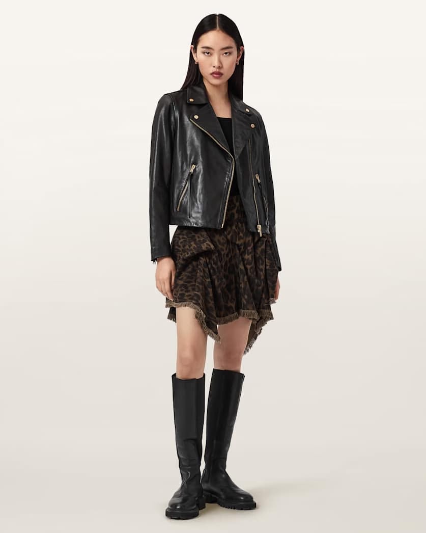 AllSaints Crissy Leopard Print Denim Mini Skirt Women's Leppo Brown Women's