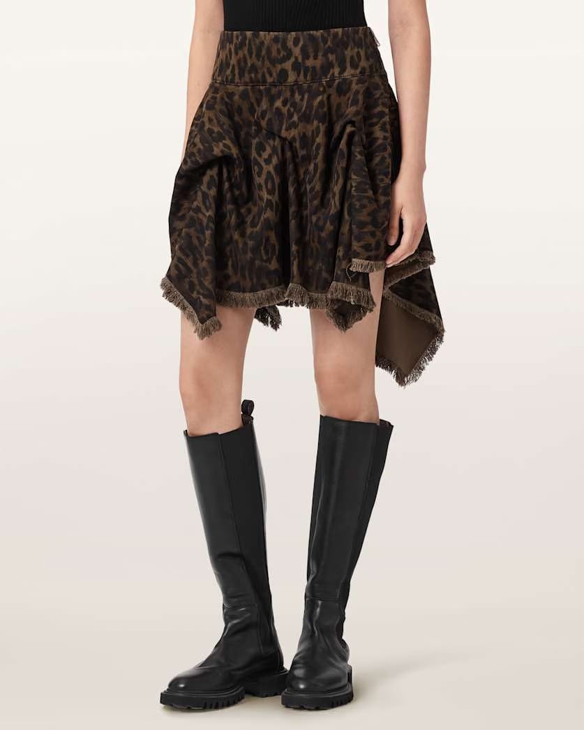 AllSaints Crissy Leopard Print Denim Mini Skirt Women's Leppo Brown Women's
