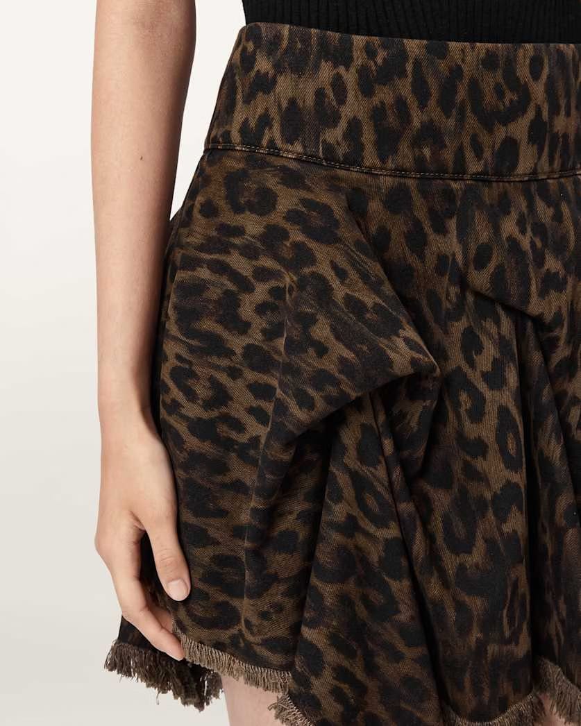 AllSaints Crissy Leopard Print Denim Mini Skirt Women's Leppo Brown Women's