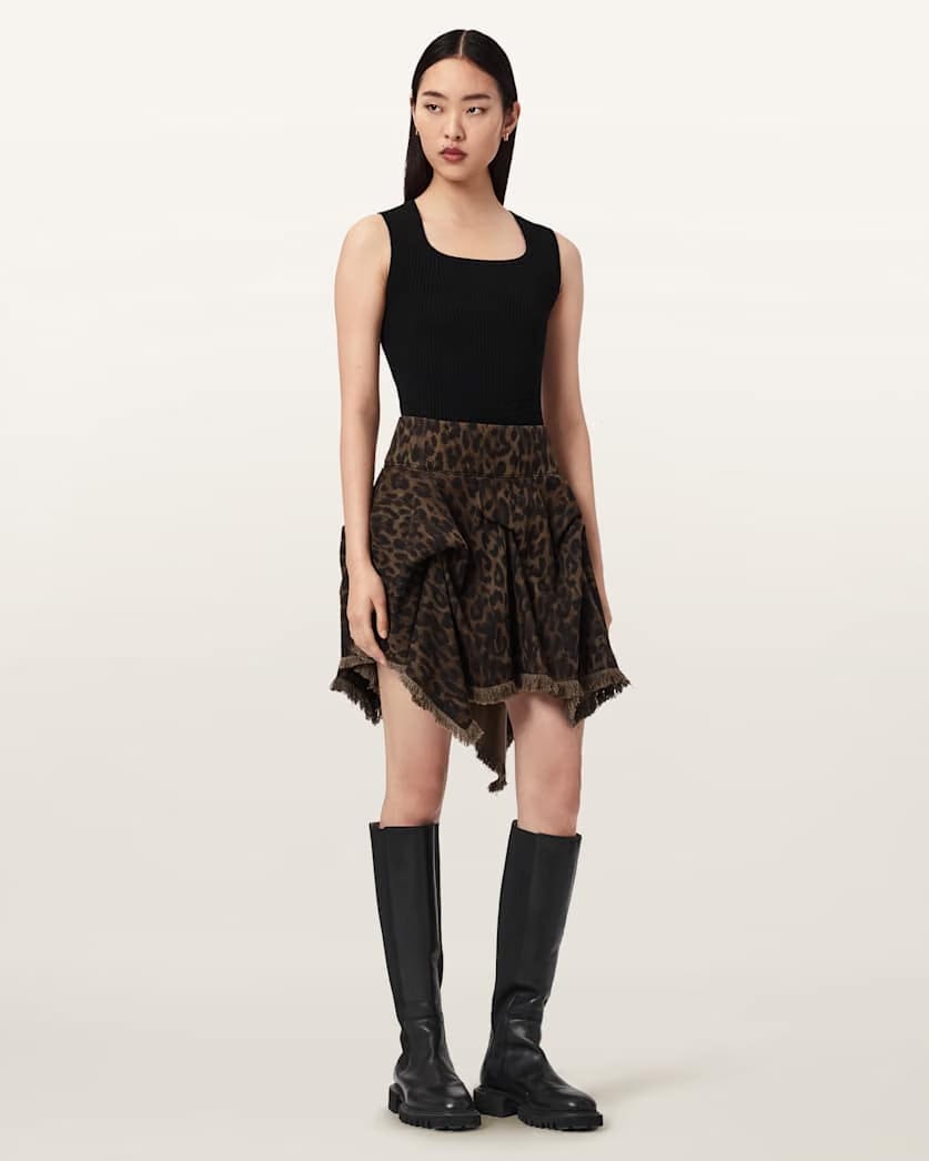 AllSaints Crissy Leopard Print Denim Mini Skirt Women's Leppo Brown Women's