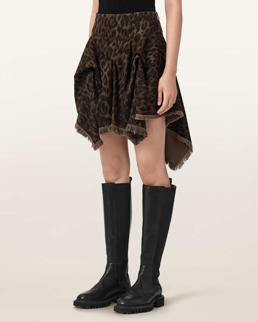 AllSaints Crissy Leopard Print Denim Mini Skirt Women's Leppo Brown Women's