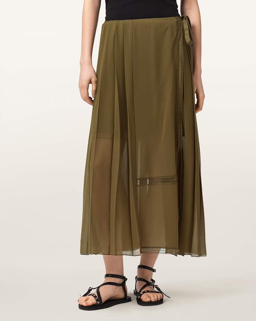 AllSaints Clover Wrap Maxi Skirt Women's Khaki Green Women's