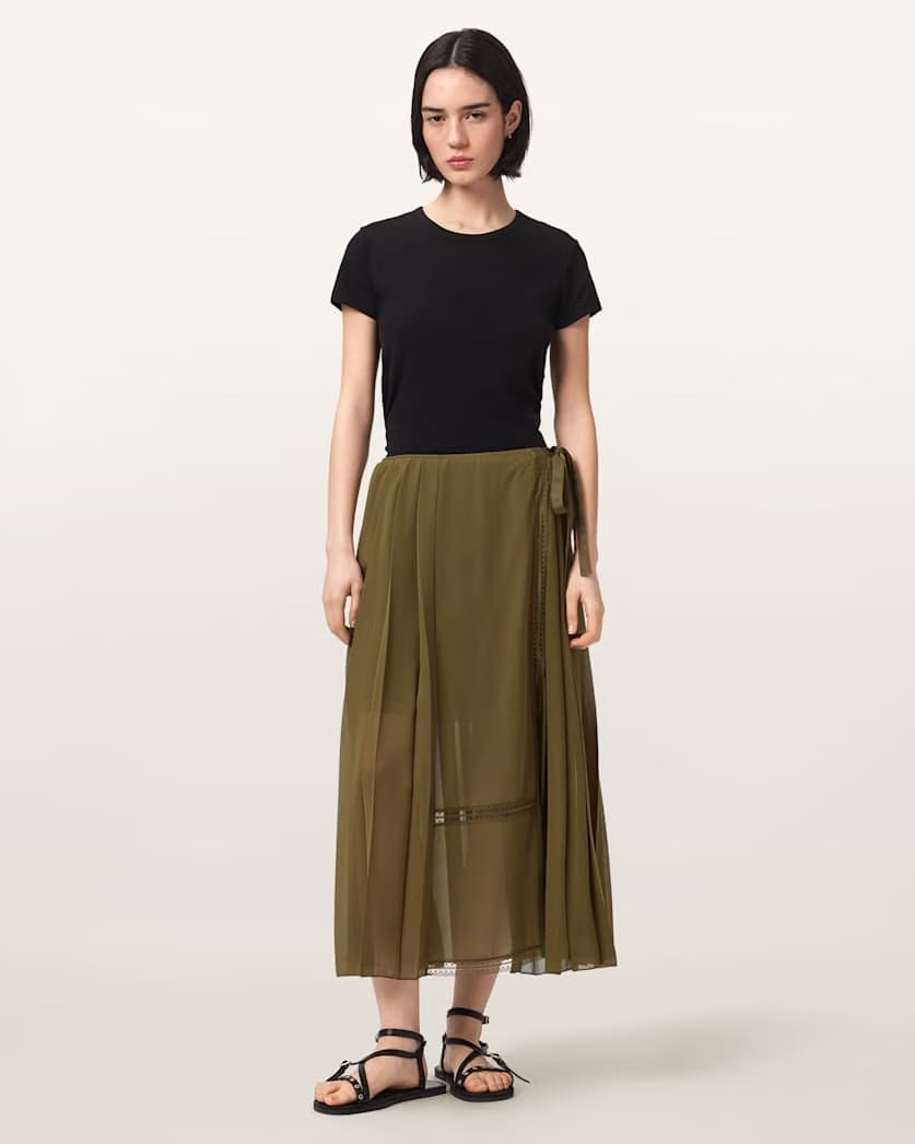 AllSaints Clover Wrap Maxi Skirt Women's Khaki Green Women's