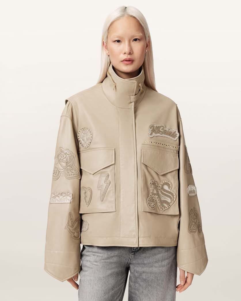 AllSaints Clay Oversized Leather Patch Jacket Women's Taupe Brown Women's