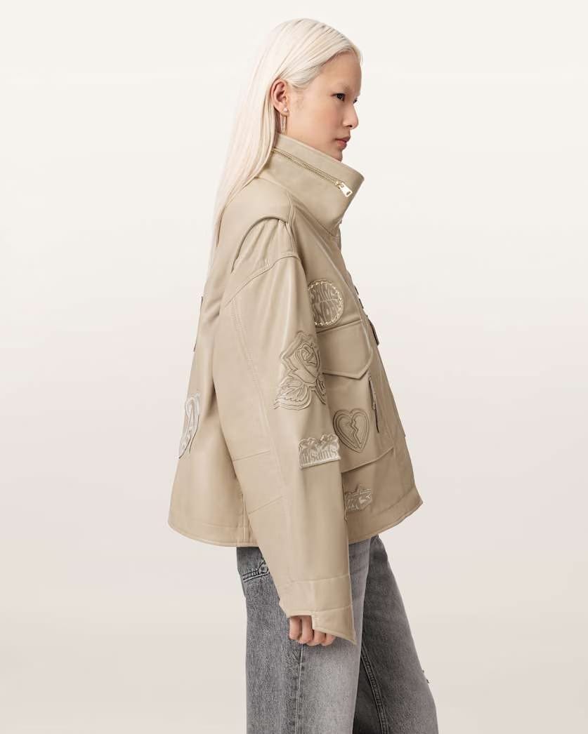 AllSaints Clay Oversized Leather Patch Jacket Women's Taupe Brown Women's