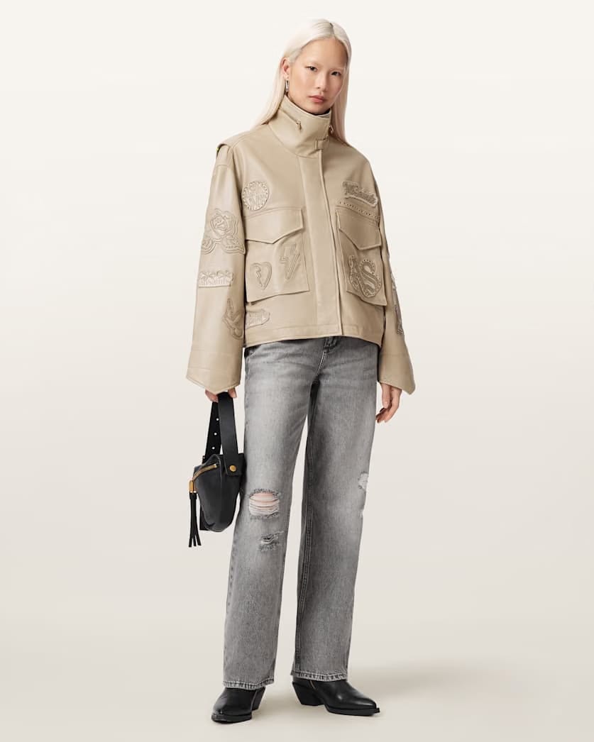AllSaints Clay Oversized Leather Patch Jacket Women's Taupe Brown Women's
