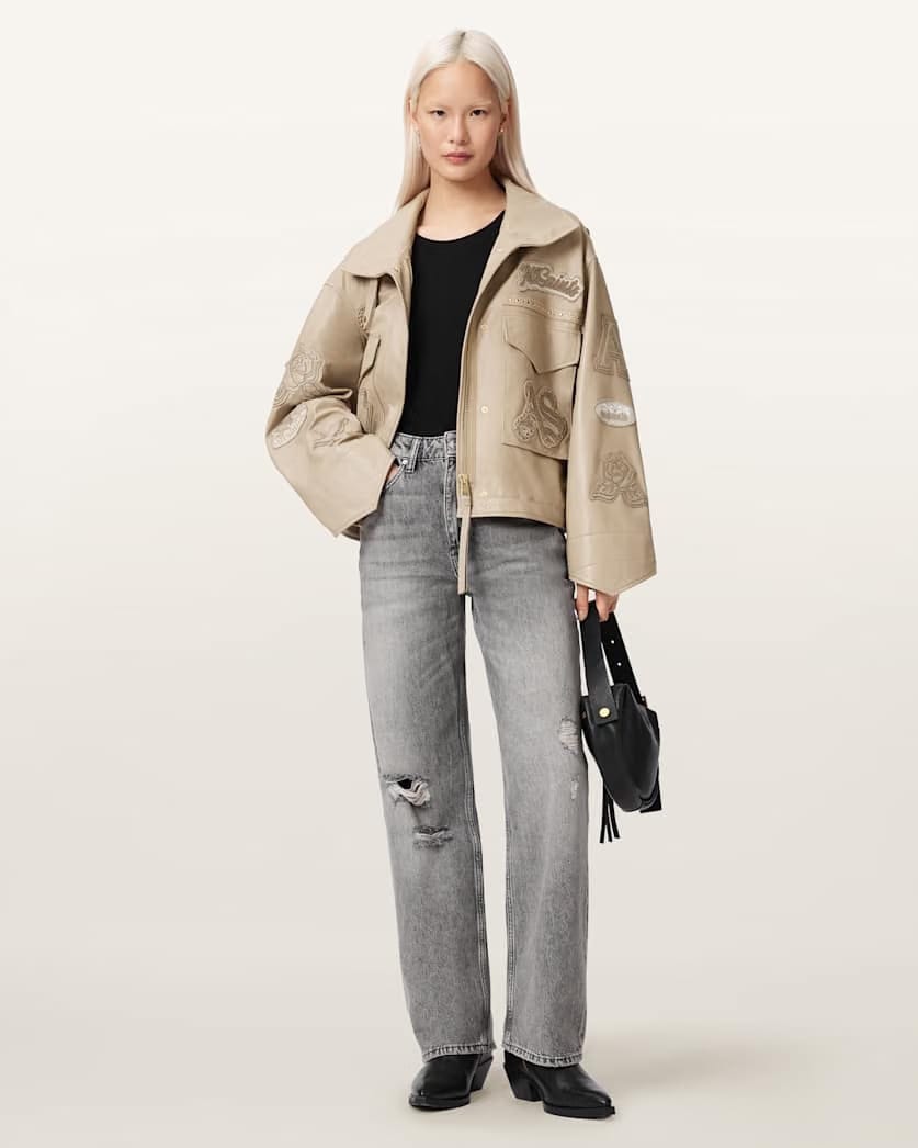 AllSaints Clay Oversized Leather Patch Jacket Women's Taupe Brown Women's