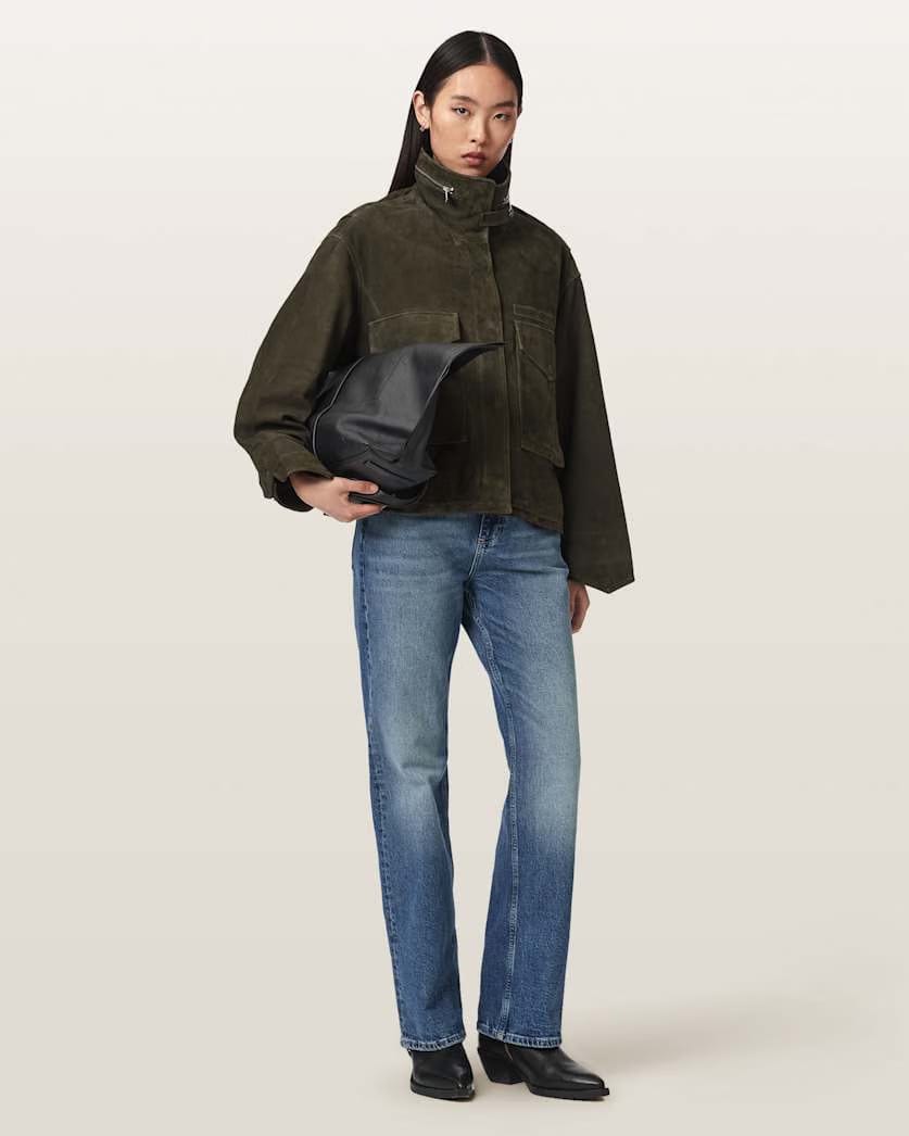 AllSaints Clay Funnel Neck Suede Cropped Jacket Women's Khaki Green Women's