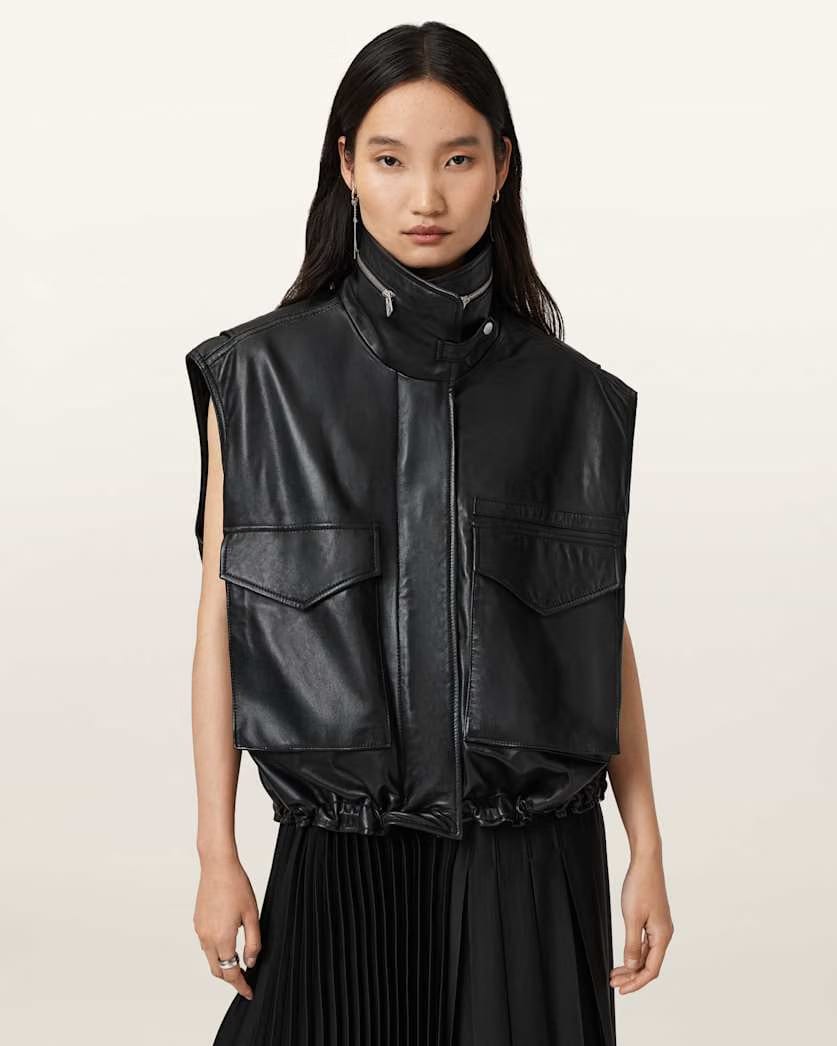 AllSaints Clay Funnel Neck Leather Gilet Women's Black Women's