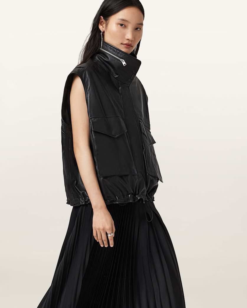 AllSaints Clay Funnel Neck Leather Gilet Women's Black Women's