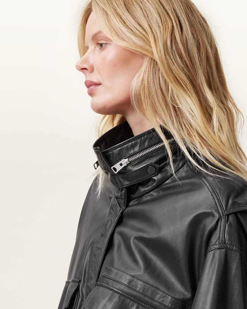 AllSaints Clay Funnel Neck Cropped Leather Jacket Women's Black Women's