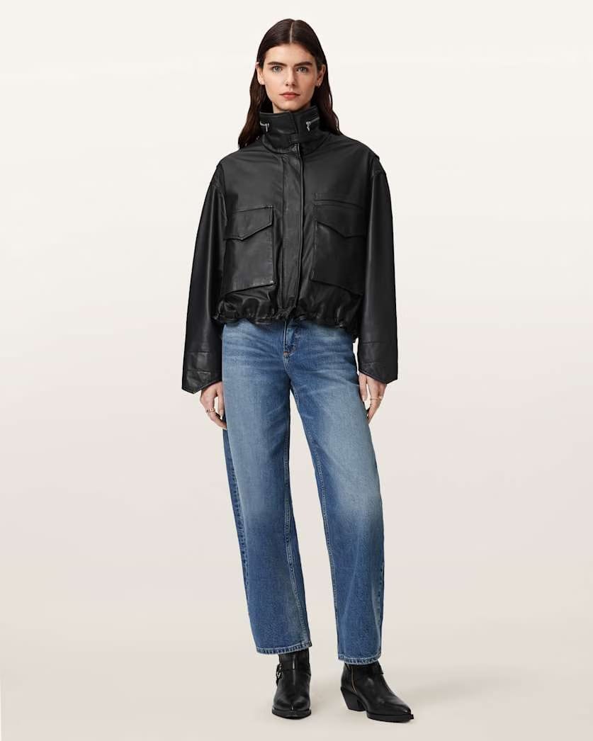 AllSaints Clay Cropped Leather Jacket Women's Black Women's