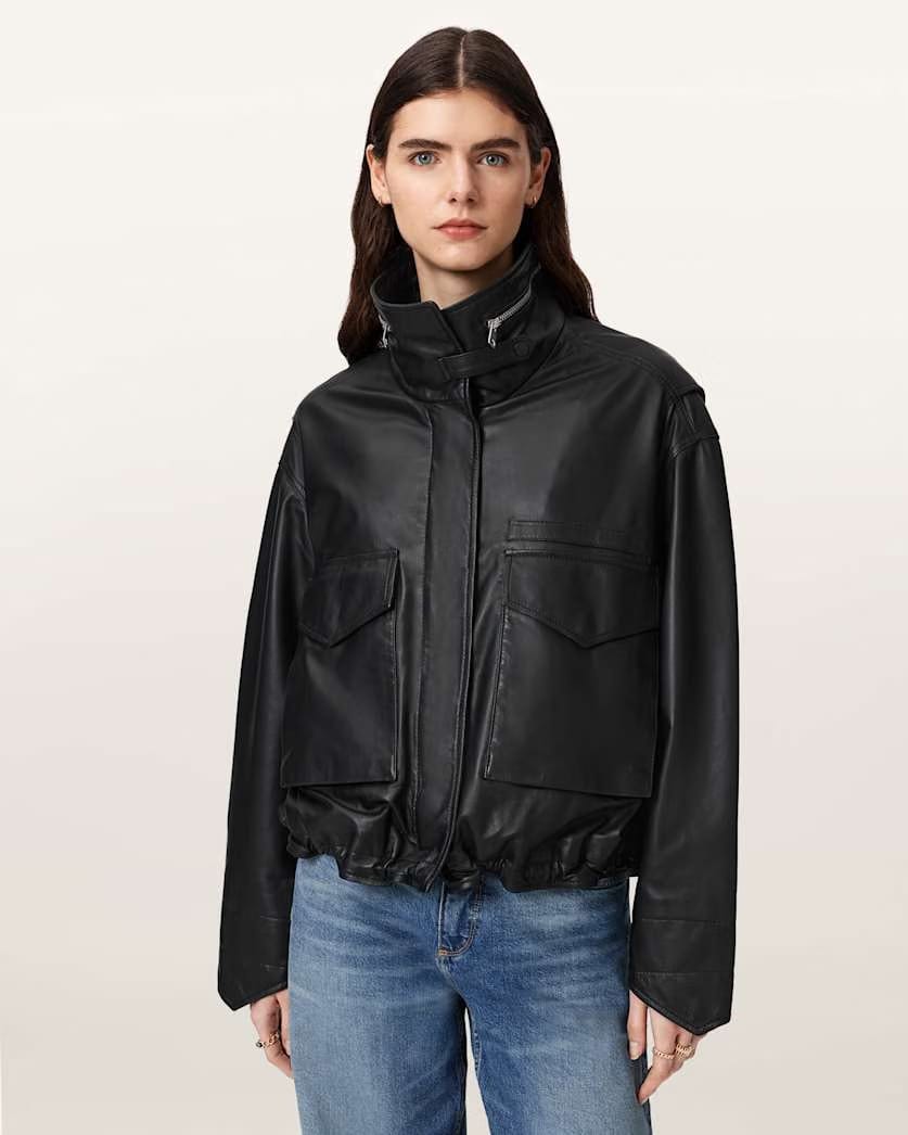 AllSaints Clay Cropped Leather Jacket Women's Black Women's