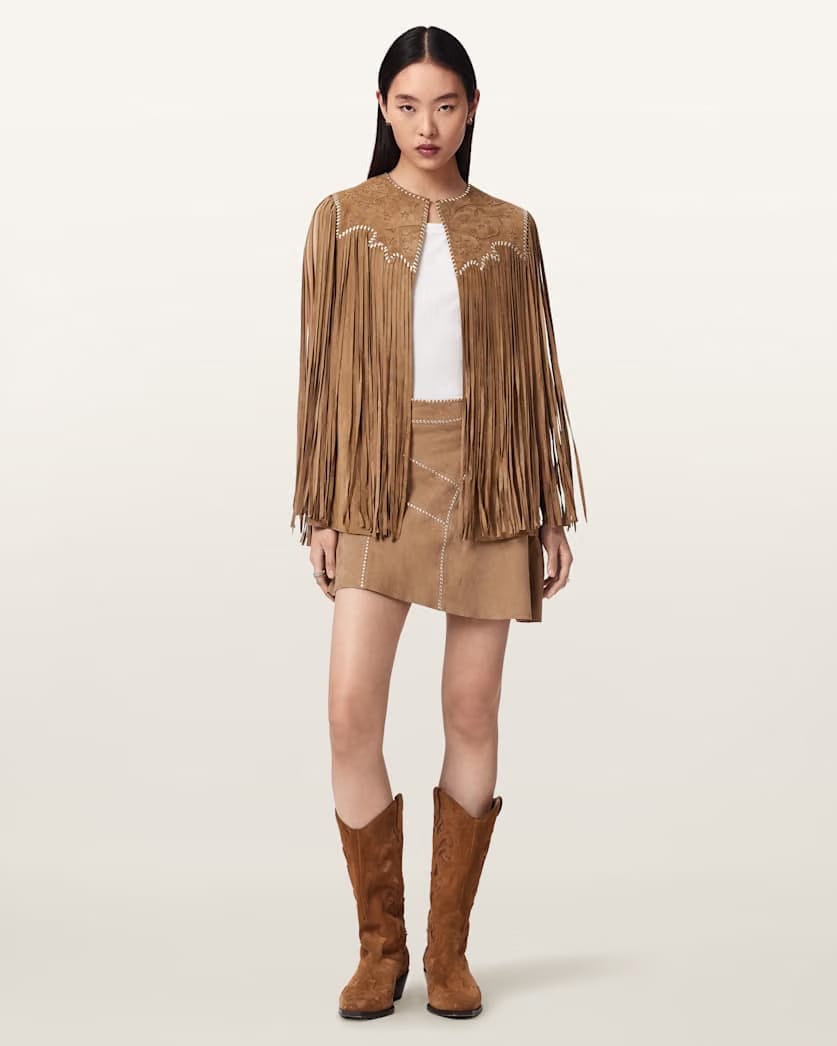 AllSaints Clara Whip Suede Mini Skirt Women's Sand Brown Women's