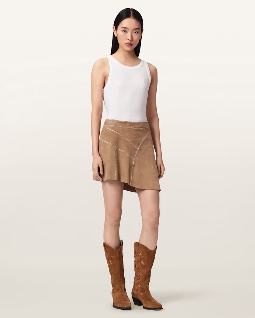 AllSaints Clara Whip Suede Mini Skirt Women's Sand Brown Women's