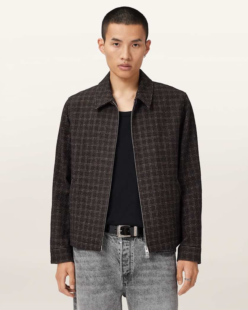AllSaints City Hall Check Jacket Anchor Brown