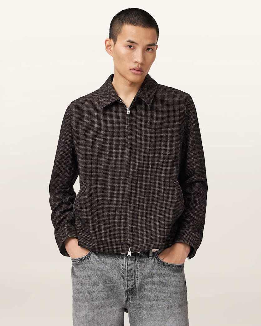 AllSaints City Hall Check Jacket Anchor Brown