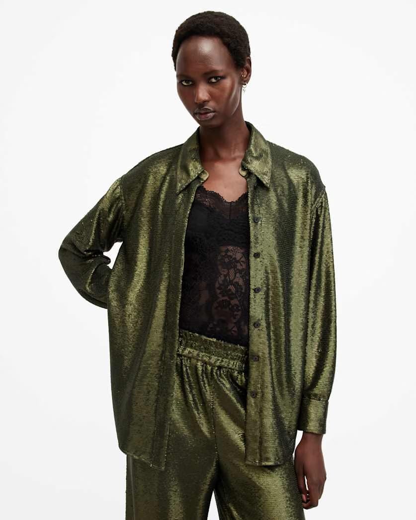 AllSaints Charli Sequin Relaxed Fit Shirt Women's Olive Green Women's