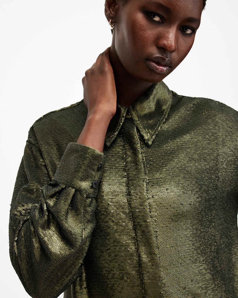 AllSaints Charli Sequin Relaxed Fit Shirt Women's Olive Green Women's