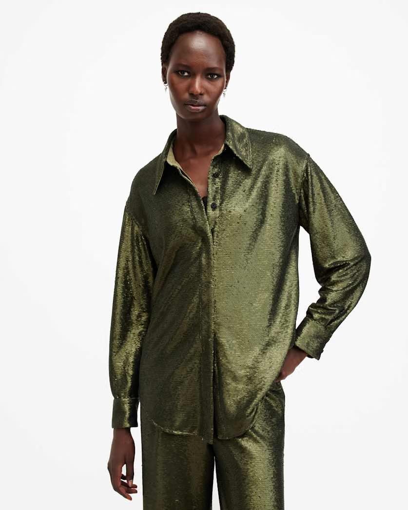 AllSaints Charli Sequin Relaxed Fit Shirt Women's Olive Green Women's