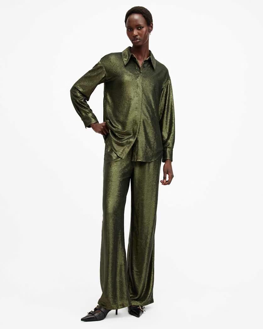 AllSaints Charli Sequin Relaxed Fit Shirt Women's Olive Green Women's