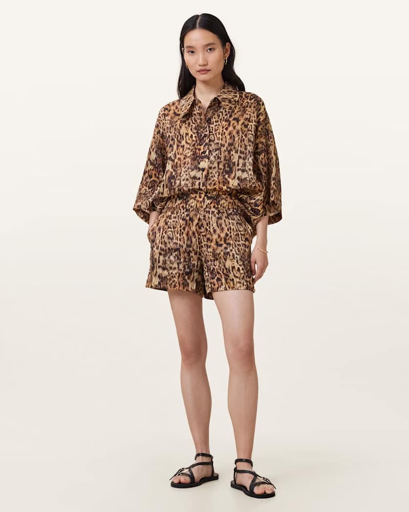 AllSaints Charli Leopard Print Shorts Women's Evia Golden Brown Women's