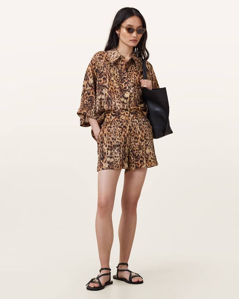 AllSaints Charli Leopard Print Shorts Women's Evia Golden Brown Women's