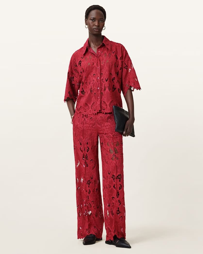 AllSaints Charli Embroidered Straight Fit Pants Women's Burnt Brick Red Women's