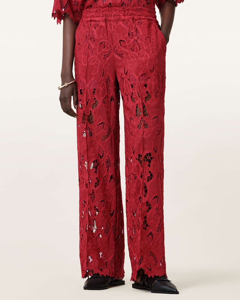 AllSaints Charli Embroidered Straight Fit Pants Women's Burnt Brick Red Women's